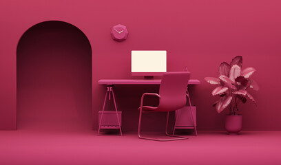 Viva magenta is a trend colour year 2023 interior workspace, minimal office table desk. Minimal idea concept for study desk, clock, plant pot and feminine. Mockup template, 3d rendering	