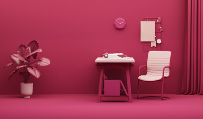Viva magenta is a trend colour year 2023 interior workspace, minimal office table desk. Minimal idea concept for study desk, clock, plant pot and feminine. Mockup template, 3d rendering	