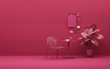Creative interior design in viva magenta studio with vintage phone, plant pot and chair, book, clock. Trend colour year 2023 in the room.3d render	