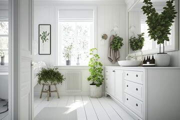 Clean, white bathroom with a few fresh flowers and some whitewashed wood accents. Generative AI