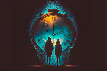 Femmes face à une horloge géante - Concept du temps qui passe - Générative IA