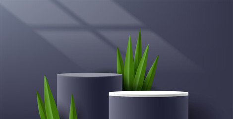 Product placement podium, 3d cylinders in green and black colors with eco palm leaves, realistic render style, product placement