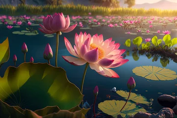 Foto op Canvas pink lotus flower in the middle of a pond with cyan water Warm lighting. © Fernando