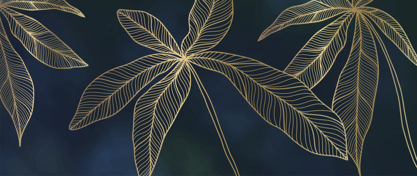 Vector dark blue tropical luxury illustration with golden palm leaves for decor, covers, backgrounds