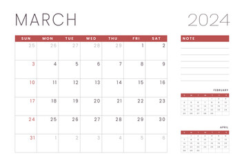 Monthly Calendar Template of march 2024. Vector layout of a wall or desk simple calendar with week start sunday