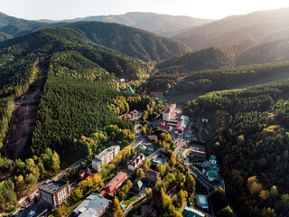 Aerial view of a small town in the Altai territory. Top view of the resort town Belokurikha....