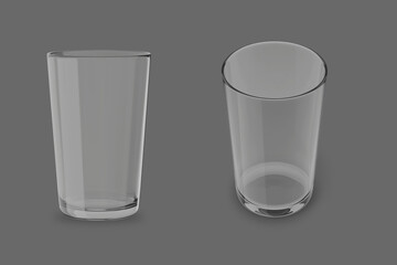 Empty blank glass transparent cup mockup isolated on a dark background. 3d rendering.