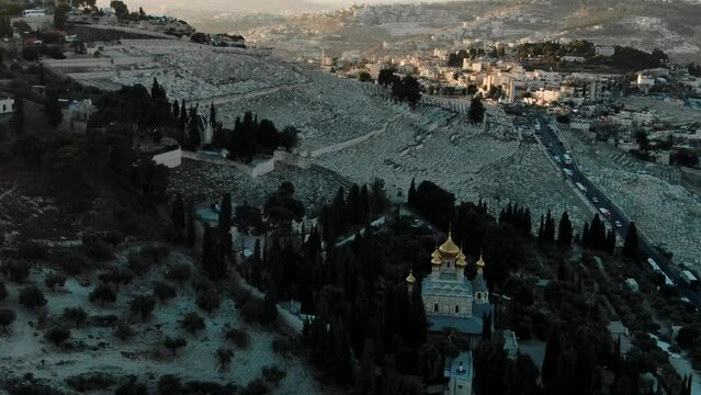 Aerial church of mary magdalene jerusalem at sunrise Drone Christanity Holy Site Israel