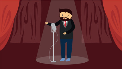 Illustration of a man singing into a microphone in a theater.