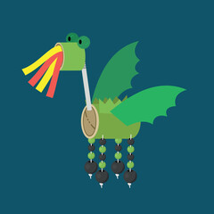 Funny dragon hanging on a rope with a cross. Vector illustration