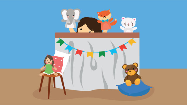 Children play in the children's room with toys. Vector illustration.