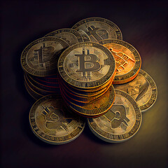 Fototapeta na wymiar Shiny physical bitcoins background. Blockchain technology.