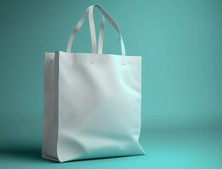 Empty white tote bag mockup isolated on cyan light blue background, blank realistic sopping sac sample cut out concept for design, studio shot generative Ai