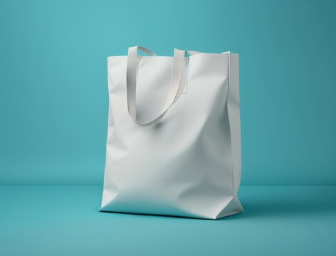 Empty white tote bag mockup isolated on cyan light blue background, blank realistic sopping sac sample cut out concept for design, studio shot generative Ai