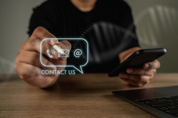 CONTACT US (Customer Support Hotline people CONNECT ) Businessman touching phone application check  email