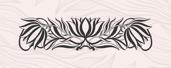 Floral tulip border in art nouveau 1920-1930. Hand drawn in a linear style with weaves of lines, leaves and flowers.