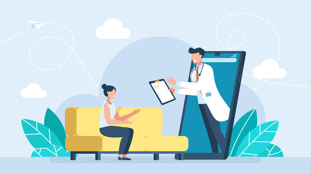 Online healthcare and medical consultation. Online diagnostics. Digital health concept. Woman connecting with a doctor online using a smartphone app and having a consultation. Flat illustration