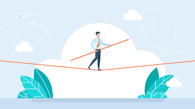 Business risk and professional strategy concept. Businessman walks over gap as tightrope walker. Manage Business risk. Businessman walking tightrope. Funambulist. Balance-master. Flat illustration