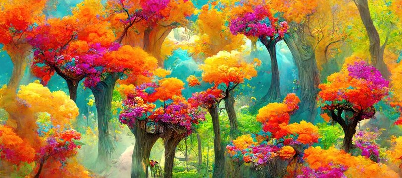 Enchanting ancient fantasy forest woodland meadow, bright vivid spring season colors, green mossy grass, vibrant flowers in bloom, ancient tall trees - high detail generative ai.