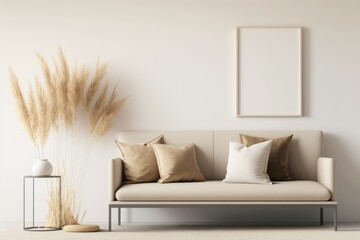 Warm neutral interior wall mockup featuring a low sofa, beige pillow, and dried Pampas grass on a caned table against a white wall. Generative AI