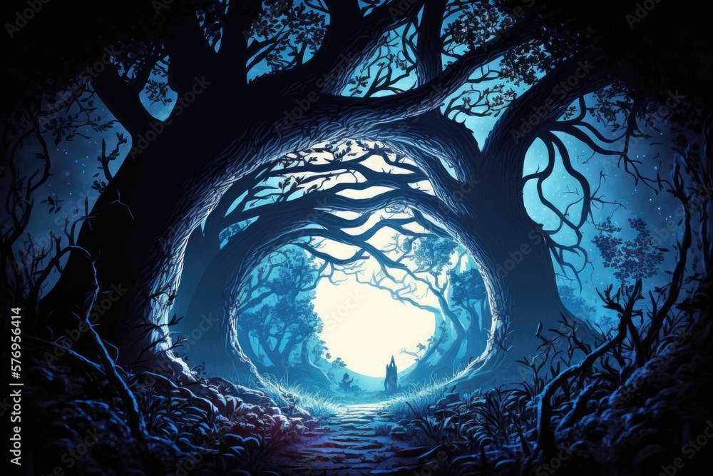 Poster magical, foreboding woods where the sun's rays filter through the canopy. massive, ancient tree in t