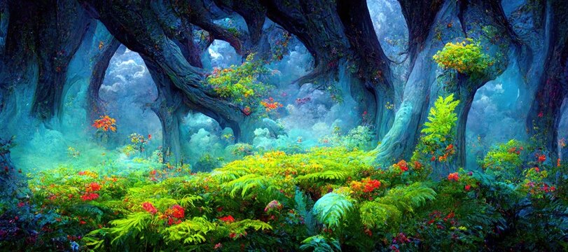 Enchanting ancient fantasy forest woodland meadow, bright vivid spring season colors, green mossy grass, vibrant flowers in bloom, ancient tall trees - high detail generative ai.