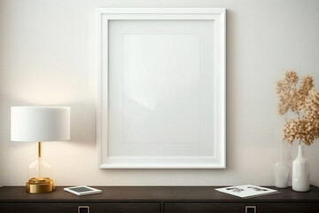 Generative ai White photo frame on wall in interior, mockup for your design, blank template, flowers and accessories