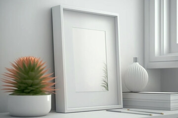Generative ai White photo frame on table in interior, mockup for your design, blank template, flowers and accessories