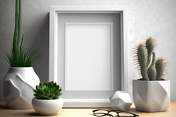 Generative ai White photo frame on table in interior, mockup for your design, blank template, flowers and accessories