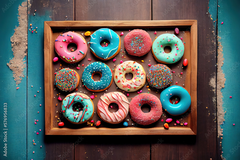 Poster flat lay view of many frosted donuts. generative ai