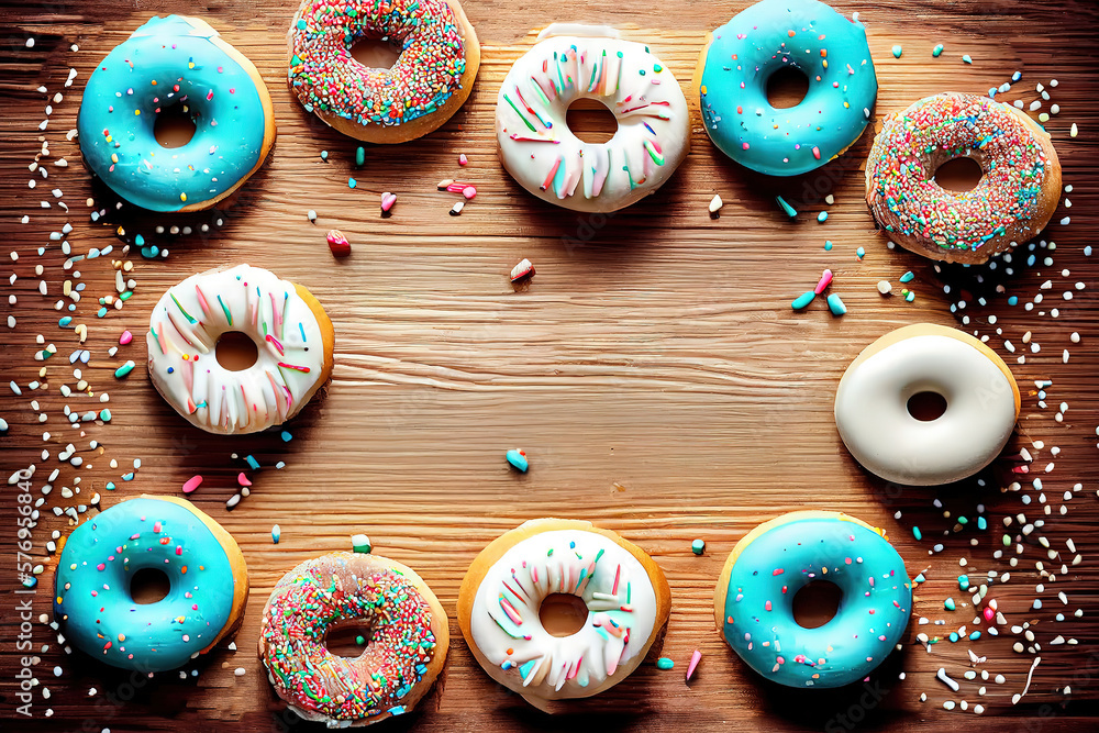 Aufkleber flat lay view of many frosted donuts. generative ai