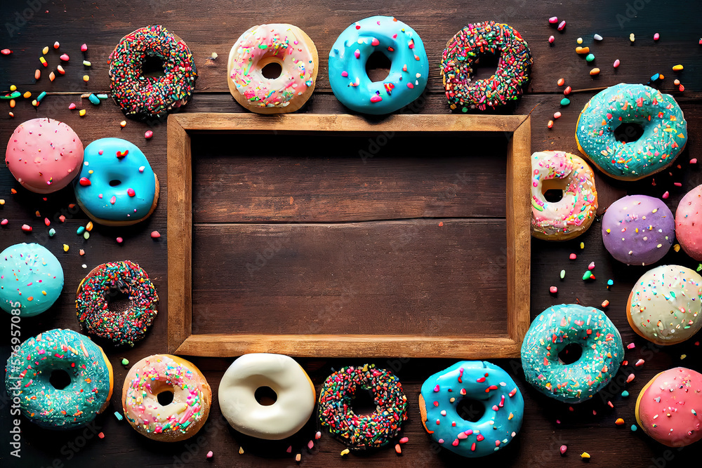 Poster flat lay view of many frosted donuts. generative ai