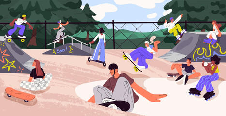 Skaters riding boards at skate park. Young people jumping on skateboards at skatepark with ramps. Extreme street sport, activity at outdoor playground for skateboarders. Flat vector illustration