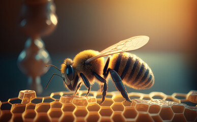 bee on the honeycomb in a hive, making honey, wild insect life, generative ai - obrazy, fototapety, plakaty
