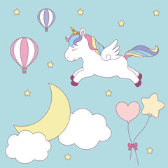 The lovely Unicorn with rainbow hair flies in the sky with hot air balloons, balloons, the moon, clouds and stars.