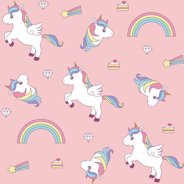 Seamless pattern unicorns with rainbows, meteors, cakes and gems isolated on pink background.