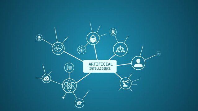 Futuristic high-tech concept visualization. Starting artificial intelligence digitalization of data information processing. Digital lines connect into AI symbol