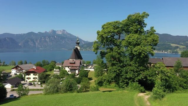 aerial view of steinbach am attersee with schafberg,austrian region salzkammergut,travel photography by drone,