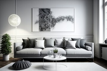Grey couch in a contemporary living room. Generative AI