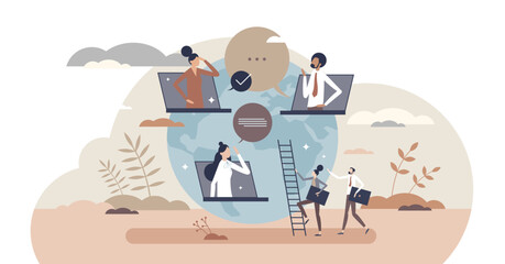 Meetup or digital meeting online as business conversation tiny person concept, transparent background.Remote communication with web connection or video call illustration.