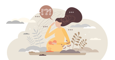 Pregnant woman anxiety and concern about newborn baby tiny person concept, transparent background. Frustration doubt as psychological pregnancy stress to female illustration.