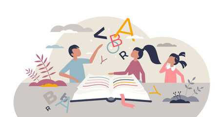 Reading kids with educational study books for knowledge growth tiny person concept, transparent background. ABC book learning for primary school or elementary illustration.