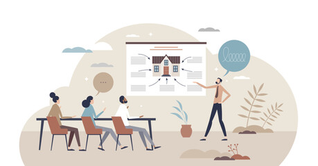 Real estate classes and learning about property sales tiny person concept, transparent background. Educational informative courses about salesman performance in apartment.