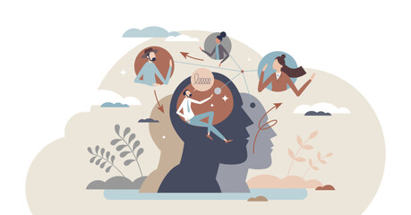 Social cognition as psychological mind interaction tiny person concept, transparent background. Process, store and apply information about society members and make connections in brains.