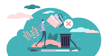 Naklejka na ściany i meble Delete concept, flat tiny person illustration, transparent background.Move unnecessary files to the trash bin.Eliminating waste and cleaning storage app.
