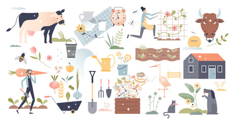 Farming set elements as harvesting and dairy agriculture industry tiny person concept, transparent background. Items with soil watering, composting and crops planting process illustration.