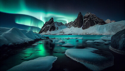 Multicolored northern lights (Aurora borealis) in the night sky, generative ai illustration