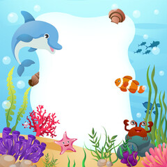 Fototapeta na wymiar Sea life animals with ocean scene and rectangular copy space . Cartoon style . Vector .