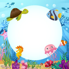 Sea life animals with ocean scene and circular copy space . Cartoon style . Vector .