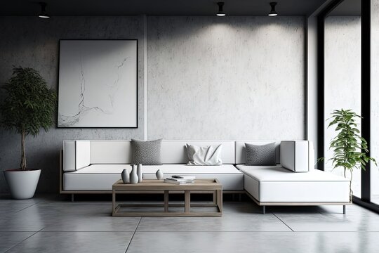 A white sofa and a wooden table are set against a concrete wall. Generative AI